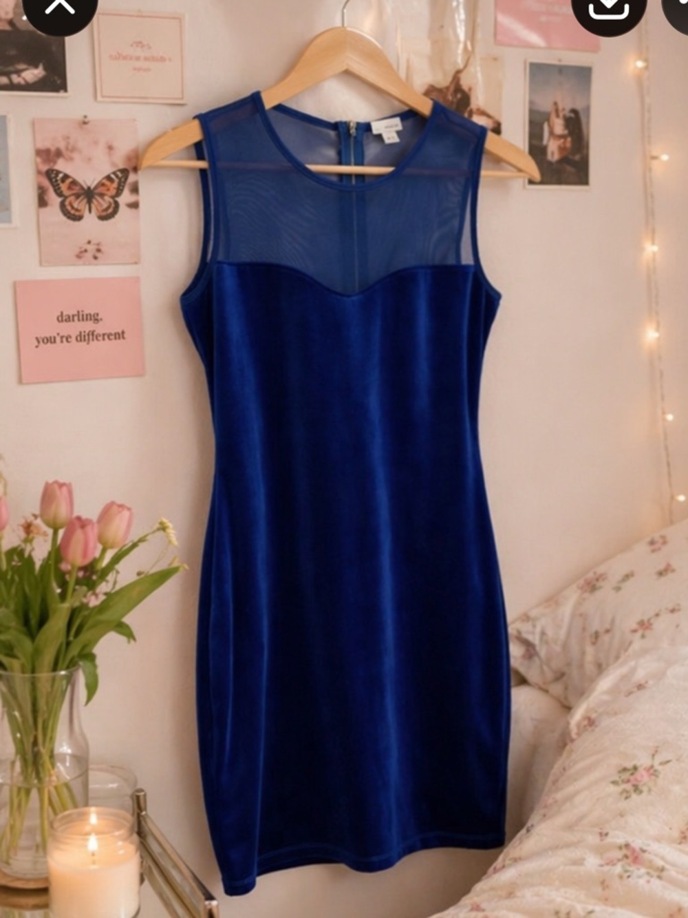 Garage Blue Velvet Mini Dress Mesh Y2K Bodycon Cobalt Sleeveless Size Medium